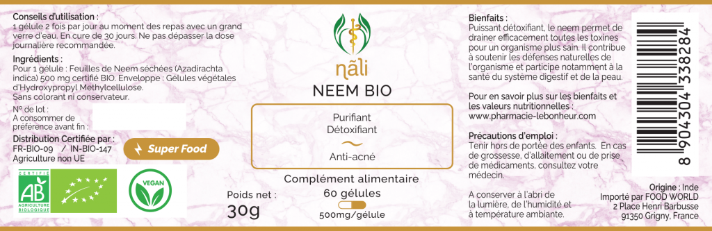 OFFRE SPÉCIALE 2X Neem bio Minceur - Anti-acné - Détoxifiant 120 GÉLULES